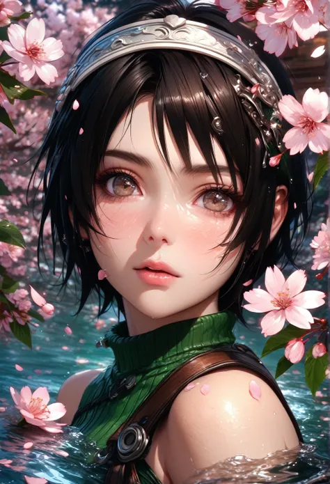 absurdres, highres, ultra detailed, HDR, master piece, Kisaragi Yuffie, black hair, short hair, expressive brown eyes, green shirt, sexy woman, best quality, Final Fantasy VII, solo, fantasy, magical, sensual, glittering, accessories, water, pink flowers, ...