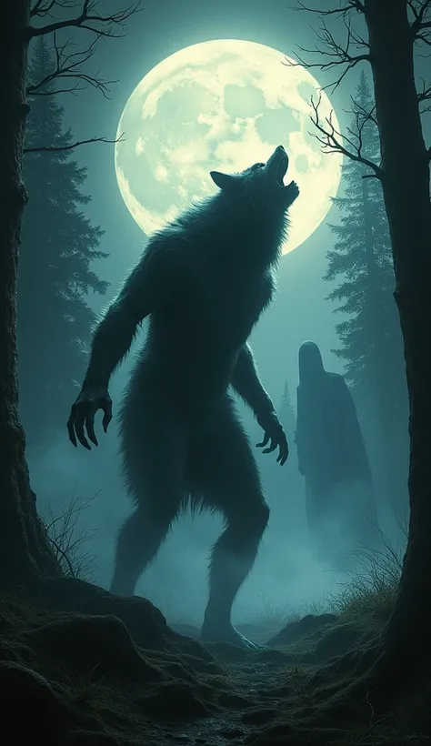 Create a hyper-realistic, photographic-quality tarot card illustration of The Moon based on The Howling (1981). The card should feature a dark, misty forest illuminated by a large, glowing full moon. In the foreground, depict a figure mid-transformation in...