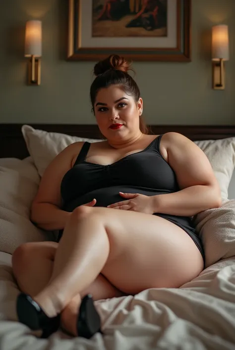 plump and chubby woman, mature woman, big boobs, big and wide face, big curvy nose, thick thighs, brunette hair, hair bun, lip stick, short dress, high heels, masterpiece, on bed