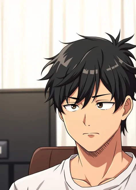 The image features an anime or manga style character, with messy black hair that gives a carefree look. He has a neutral facial expression, which can convey slight boredom or disinterest, suggesting that you are in a moment of reflection or waiting for som...