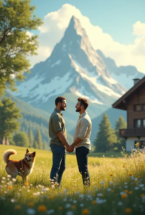 Two men hand in hand in a flowery field with a chalet, a dog and a snowy mountain in the background