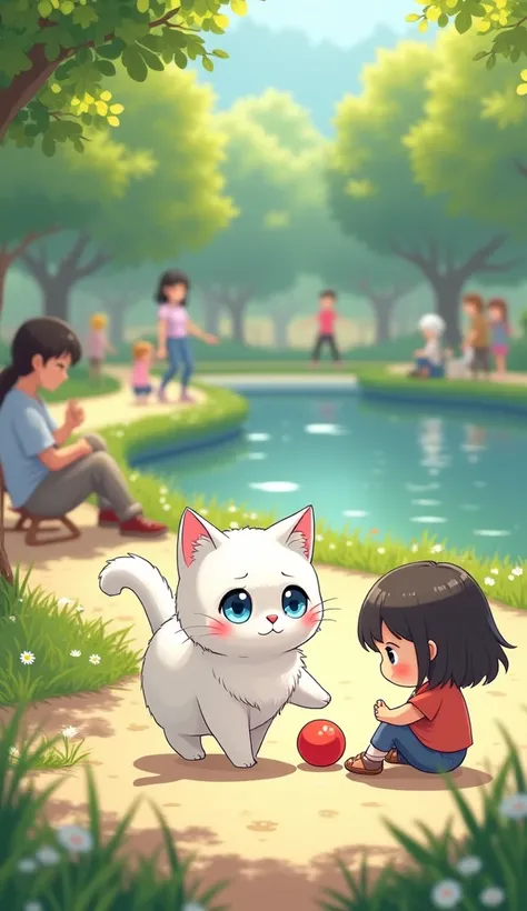 The cat named Luna has white fur and bright blue eyes, chibi design, walking in the park with a lake, surrounded by people, in the afternoon, there is a  girl sitting sadly, the cat holds a red ball and gives it to the girl. 