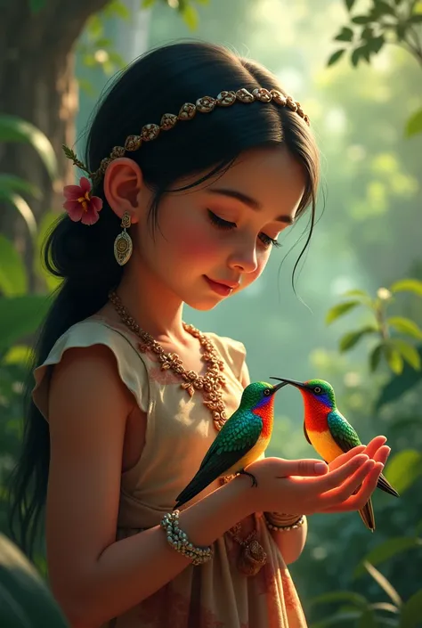 indigenous girl caressing hummingbirds