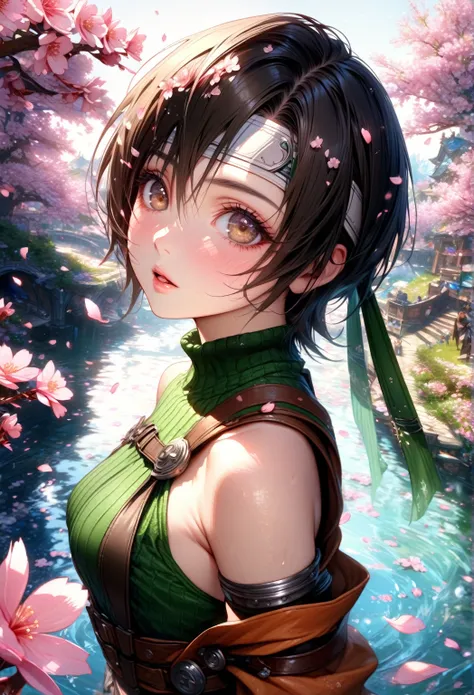 absurdres, highres, ultra detailed, hdr, master piece, kisaragi yuffie, black hair, short hair, white headband, expressive brown...