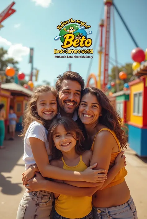 A Brazilian family at the Beto Carrero World amusement park on a sunny and very happy day, everyone smiling and hugging. In the image, insert the following sentence as the main call: "Relive the magic of childhood at Beto" accompanied by #IfThereIsBetoTher...