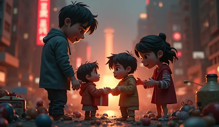 Generate in cinematic 3d cartoon style. A symbolic representation of Kalyug (ominous future) with people giving their children endless material gifts, but the children appear sad and burdened. 