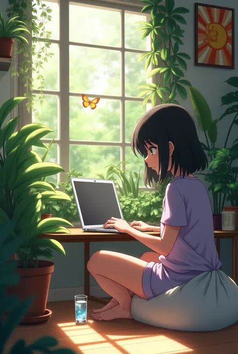 Mitsuha miyamizu with lavender outfit from your name wokring on mac laptop eye should  be on laptop  with glass of water 

And room should have plants and sun portrait with butterfly 
Seating on bin bag lags on bin bag
