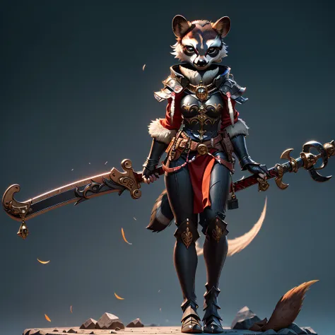 Wide-angle panorama, (Cute image standing all over the body:1.5), (raccoon-like furry body and raccoon’s paws:1.5), (A plump chest), ( anime styled 3d:1.5), Metal armor skirt, Metal armor underwear, (Hairy limbs:1.45), (Very long, Fluffy raccoon tail:1.45)...