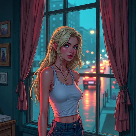 In a dark fantasy comic book type scene HQ comics, Harley, a young woman with long platinum blonde hair, seeds, has observant blue eyes, soft lips with a natural pink tone, and mouth shut, with thick eyebrows. His facial expression is serious and confident...