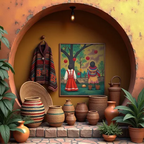 Generates an image framed in a circle, that represents crafts, woven baskets, ruanas, sculpture, clay pots and paintings from the municipality of Arcabuco-Boyacá. DO NOT ADD PEOPLE
