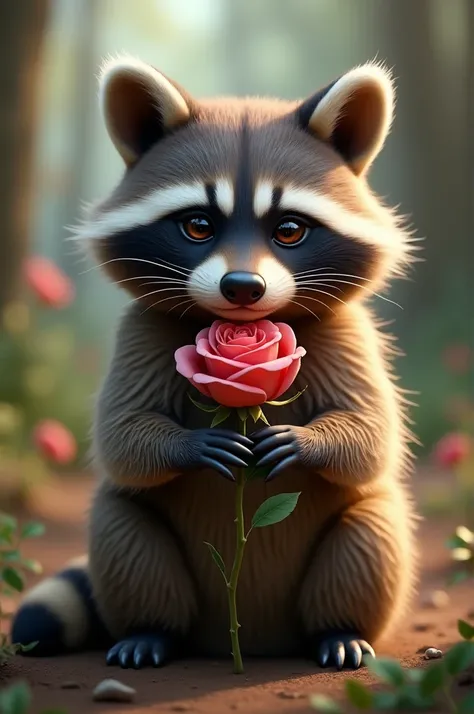 A realistic raccoon asking for forgiveness with a special rose between its paws 