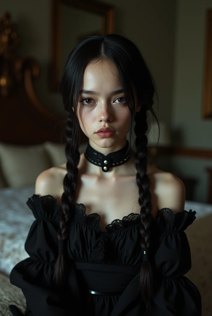 Wednesday Addams, 1, girl, pale alabaster skin, slim, skinny, petite, opulent dark bedroom, dim lights, black dress, choker, big twin braids, thick braids, half dressed, bare shoulders, lace and silk