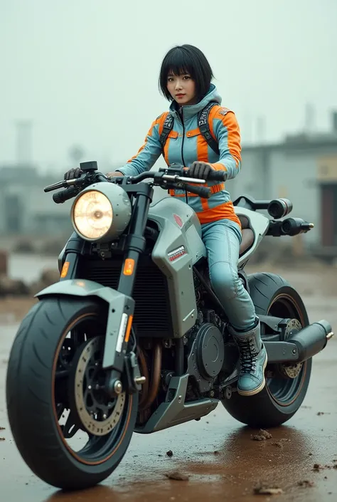 live-action、Real、A military motorcycle modified from a Honda Super Cub、Change the tires to larger, wider off-road tires、The vehicle height is slightly higher、It has huge rocket engines on both sides.、Enlarge the light、Beautiful Japanese female pilot、Light ...