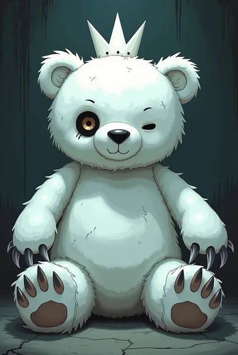 (UHD, best quality), Big stuffed bear, Stuffed white bear, stitch, White Crown, Left eyeball drooping:1.5, Sharp Claws, fluffy body, Horror background:1.2, Illustrated style:1.2, Pop illustrations:1.1