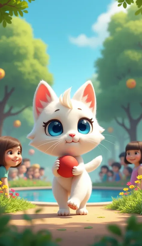 The cat named Luna has white fur and bright blue eyes, chibi design, walking in the park with a lake, surrounded by people, girl holding red ball with smiling face  