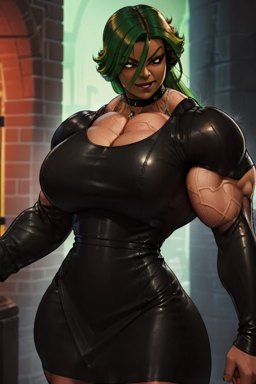 ((Close-up)), tall, green hair, beautiful muscular woman, long curvy hair, light brown skinned, closed smile, (black lipstick), (massive muscles), (hyper muscle), ((ginormous bulky muscles)), orange eyes, (((((black leather long sleeve dress))))), choker, ...