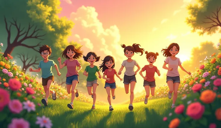 Anime style cartoon angle 3/4 of 5 teens facing forward aged 14, play and running together in countryside at sunrise in a beautiful flower garden instead of rice fields, with flowers in full bloom.