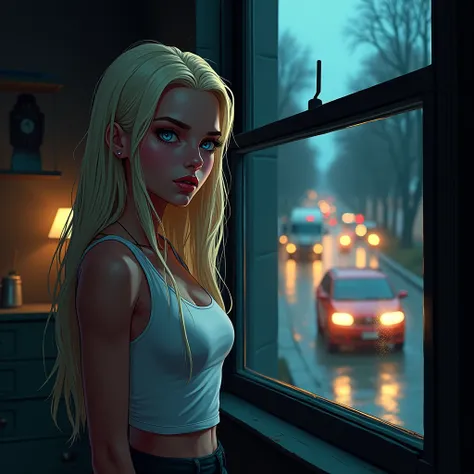 In a dark fantasy comic book style scene, Harley, a young woman with long straight platinum blonde hair, com olhos azuis penetrantes, is standing by the window. Your soft lips, with a natural pink tone, are closed, and her thick eyebrows give her a serious...