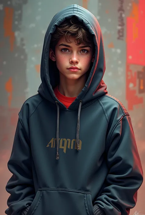 Boy with attitude, handsome, wearing hoddie.
Under 15 years. Hoddie on his head, like realistic . little cute
Coloured  background written "ARQAM".
