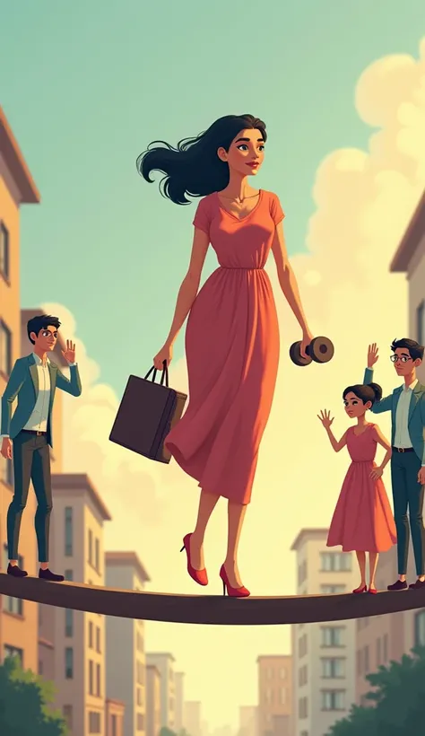 "An Indian girl aged 26 -30 standing on a tightrope, holding a dumbbell in one hand and a briefcase in the other, with family members waving at him from the side. The background shows a blend of a gym, office, and home setting, symbolizing the balance. Use...