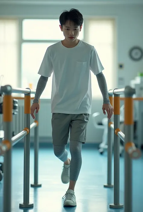 I wanted the image of a Korean teenager, he has splints on his feet and arms, he is walking along the parallel bars holding on