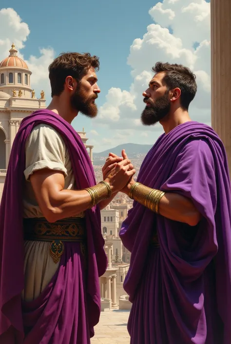 TWO MIDDLE CLASS MEN FROM ANCIENT ROME, TAKING A RELIGIOUS OATH 
, ONE OF THEM IS WEARING PURPLE CLOTHES HORIZONTAL IMAGE WITH A CITY BACKGROUND

