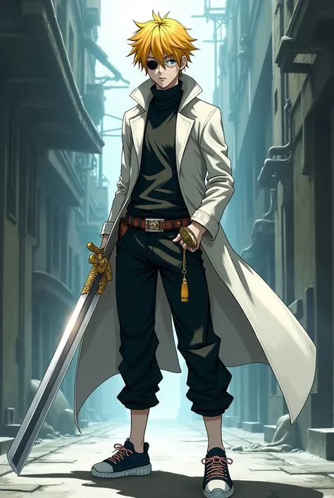 An 1 wears an eye patch over his left eye, an open white coat and a pullover. , messy hair, and yellow hair color with black pants and sneakers , he has all the powers of the universe, he wears a mask that covers his mouth and nose , white skin color, with...