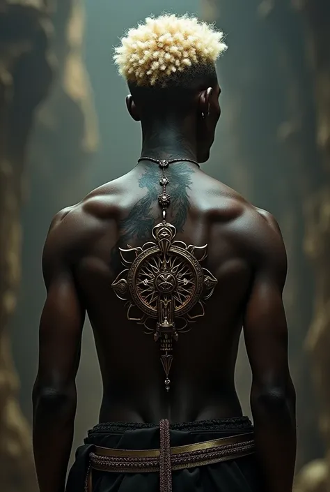 An African young king with short curly platinum blonde hair. And a neck tattoo that combines mandala with tribal and stands with its back to us. Lighten the skin. A central logo with the inscription " q.Roshmis ONEPIECE"