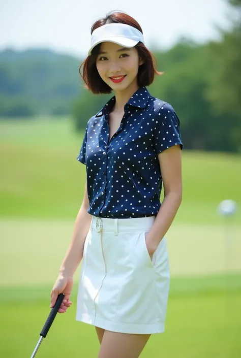 Full body high definition 8K image of a beautiful Japanese woman in her 30s, The focus is sharp and the features are detailed.. She has short brown hair in a bob style., The lips are slightly thick, She is wearing bright lipstick and smiling softly.. She s...