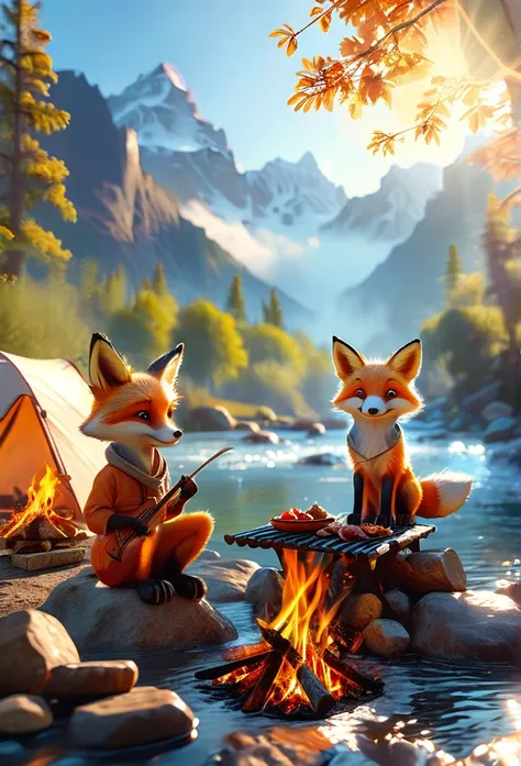 masterpiece，3d，Cute fox，The five of them are having fun camping，Meat is being grilled on a bonfire，Best Quality，Animal ears, close, Background Blur, Digital Art, The midday sun is dazzling，The background is a natural river and mountain range
