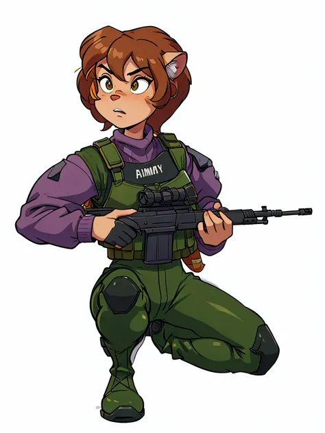 anthro tiger girl brown hair with a host, with a purple sweater, bulletproof vest, camouflage pants, army boots  
holding a rifl...