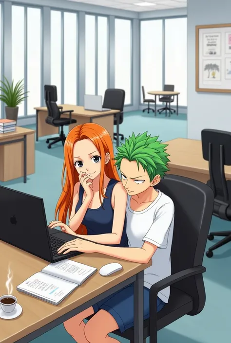 One piece nami sitting with zoro working on mac in office 