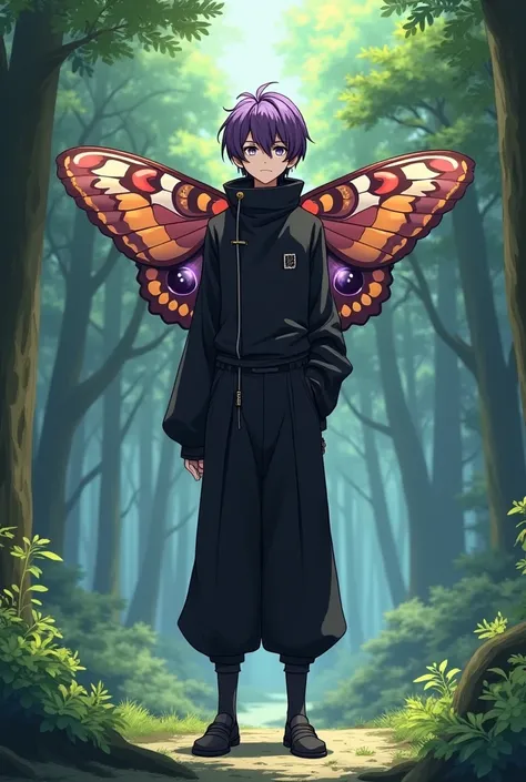 I am a anime boy, 190 cm tall, thin but fit, with a beautiful appearance, and a very tired, unrealistically serious and confident face, with short purple hair and bright very beautiful eyes of different shades of purple, standing in the forest, dressed in ...