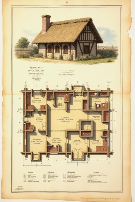 Generates a traditional thatched roof architectural structural plan indicating its parts in Spanish