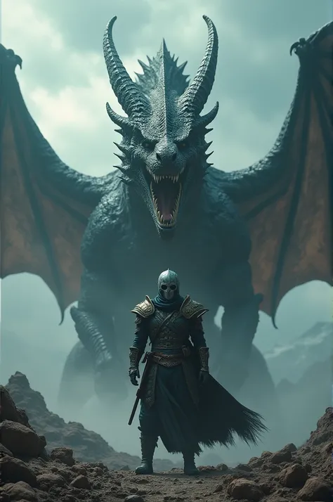 Image of a masked warrior facing a terrifying dragon