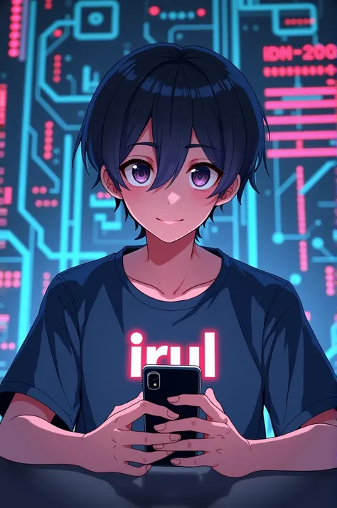 a male gamer with an anime face holding a cellphone and wearing a shirt that says IRUL with a computer background