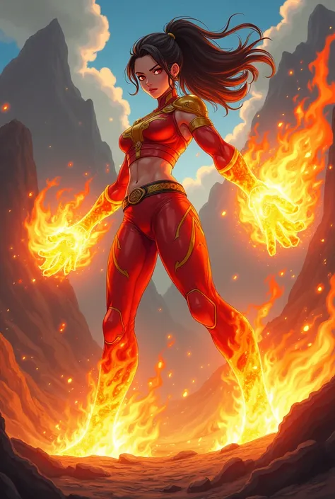 Create a female anime character who is very strong with fire powers 