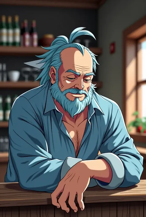 Create an anime character that is a 40 year old man, gordo, with slightly bald blue hair forming a ponytail and a blue beard too, with a gentle expression and a small pair of wings on his back and an open blue shirt. leaning against the wooden counter of a...