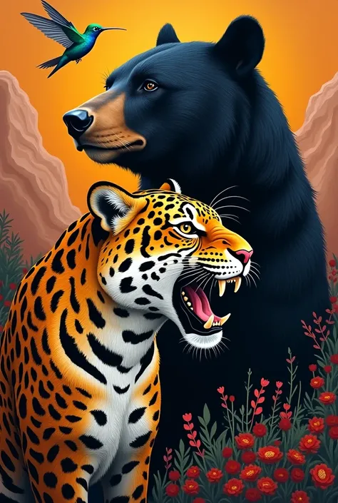 Andean painting of a jaguar head and a hummingbird, an Andean bear, black in color