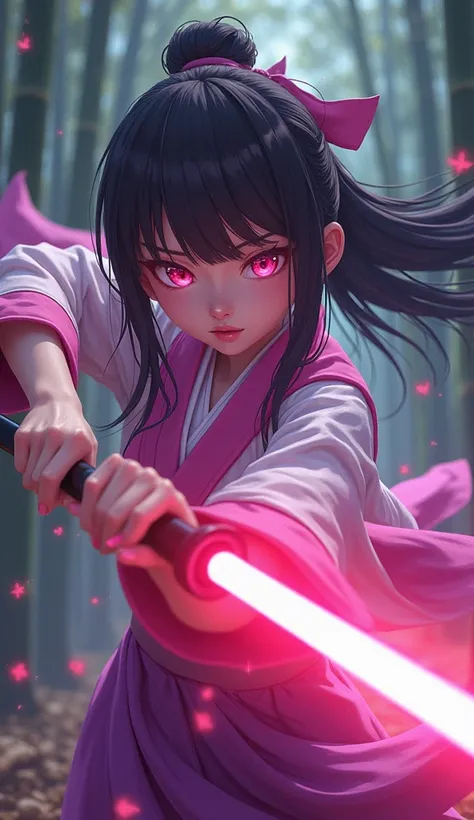 character: "nezuko" from the anime "demon slayer" (8k anime style,HDR, UHD, photorealistic, intricate details, hyper-realistic, extremely intricate details, hyper-realistic details, sex). It lasts: "she is wearing her pink and white kimono, a purple silk o...