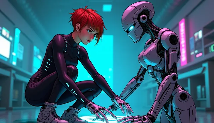 Cyberpunk stylized art. High-tech secret lab with holographic interfaces and experimental tech. Zara Quill, 2 woman, 55", slender athletic build, short asymmetrical fiery red hair, amber eyes with vertical pupils, olive skin with moving bioluminescent tatt...