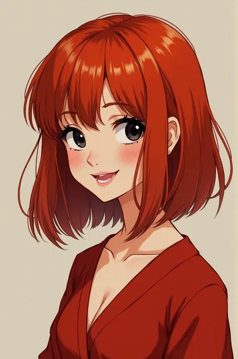 Girl with red hair, long, careless bob and black eyes. There is a mole near the top left lip. The girl herself is dressed in an open red dress., grinning 