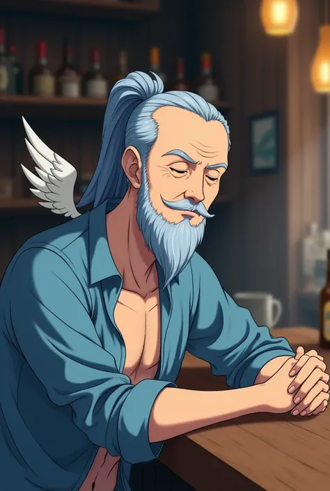 Create an anime character that is a 40 year old man, gordo, with slightly bald blue hair forming a ponytail and a blue beard too, with a gentle expression and a small pair of wings on his back and an open blue shirt. leaning against the wooden counter of a...