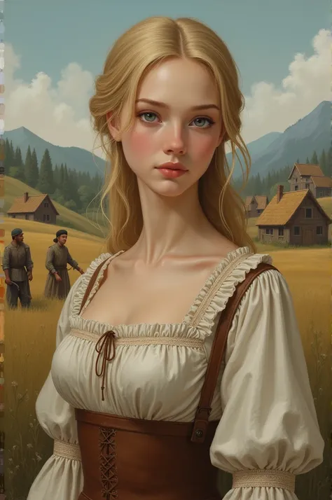 masterpiece, oil painting of Guinwen as a young maid, 8k, 1 girl, realistic oil painting, pretty face, face of Guinwen, beautifully detailed eyes, very detailed, blondes hair, blonde hair, grey eyes, visible waist, large breasts, covered huge breasts, Hair...