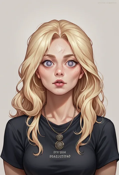 blond woman with a black shirt and a necklace, blonde hair and large eyes, face like ester exposito, remarkable detailed pupils, realistic dull skin noise, skin fuzz, dry skin, (goosebumps:0.5),facial skin fuzz,Ultra High Definition Face, Ultra High Defini...