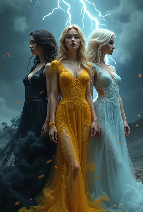 Image of thunder, lightning, and rain reimagined as a trio of sexy elemental witches, each with a unique style and element composing her outfit. Thunder is a brunette wearing an outfit made of black smoke. Lightning is a blonde wearing an outfit made of pu...