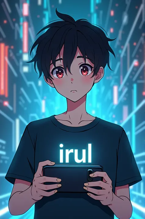 a male gamer with an anime face holding a cell phone horizontally and wearing a shirt that says IRUL with a computer background