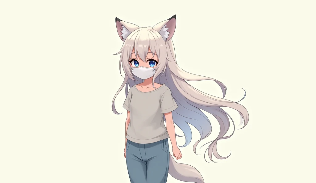 1 girlLong hair, blue eyes, a kind of wolf and cute anime and cuter, leave your hair white and put on a top and long pants and a mask 
