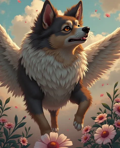 I would like my dog to have grey and white wings. I would like the image to be in anime but as close to the photo as possible. 