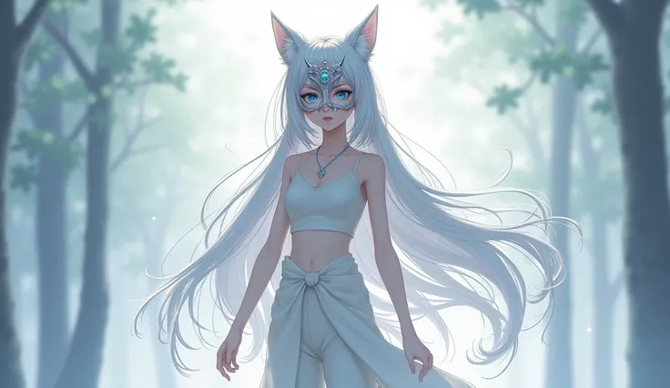 1 girlLong hair, blue eyes, A kind of wolf and cute anime and cuter, leave the hair white and put on a top and long pants and a mask, make her tall and a little ema.
